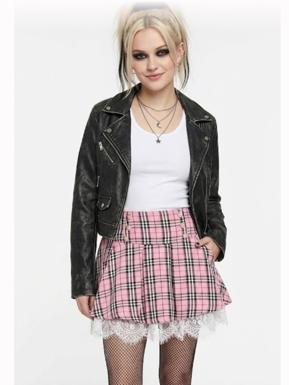 Hot Topic Pink Plaid Mini Lace Skirt with Strawberry Buttons - Size Small